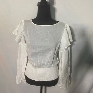 Alice‎ Olivia White Smocked Waist Ruffle Sleeve Sheer Blouse Shirt Top S